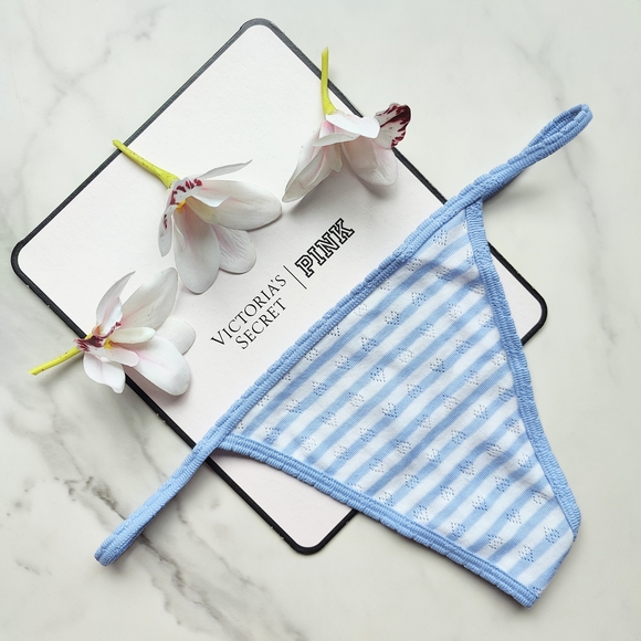 NWT PINK VICTORIA'S SECRET COTTON HEART POINTELLE V-STRING PANTY IN HARBOR BLUE - Picture 1 of 7